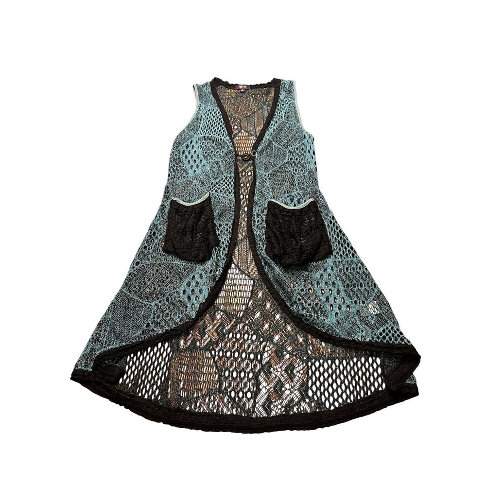 Lily by Firmina Womens Crochet Lace Open Front Vest Blue Black Small Boho